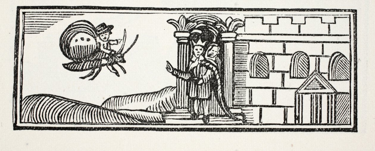 Tom se schoval a pokusil se uniknout na hřbetě motýla, ilustrace z knihy Chap-books of the Eighteenth Century od Johna Ashtona, vyd. 1882 od English School
