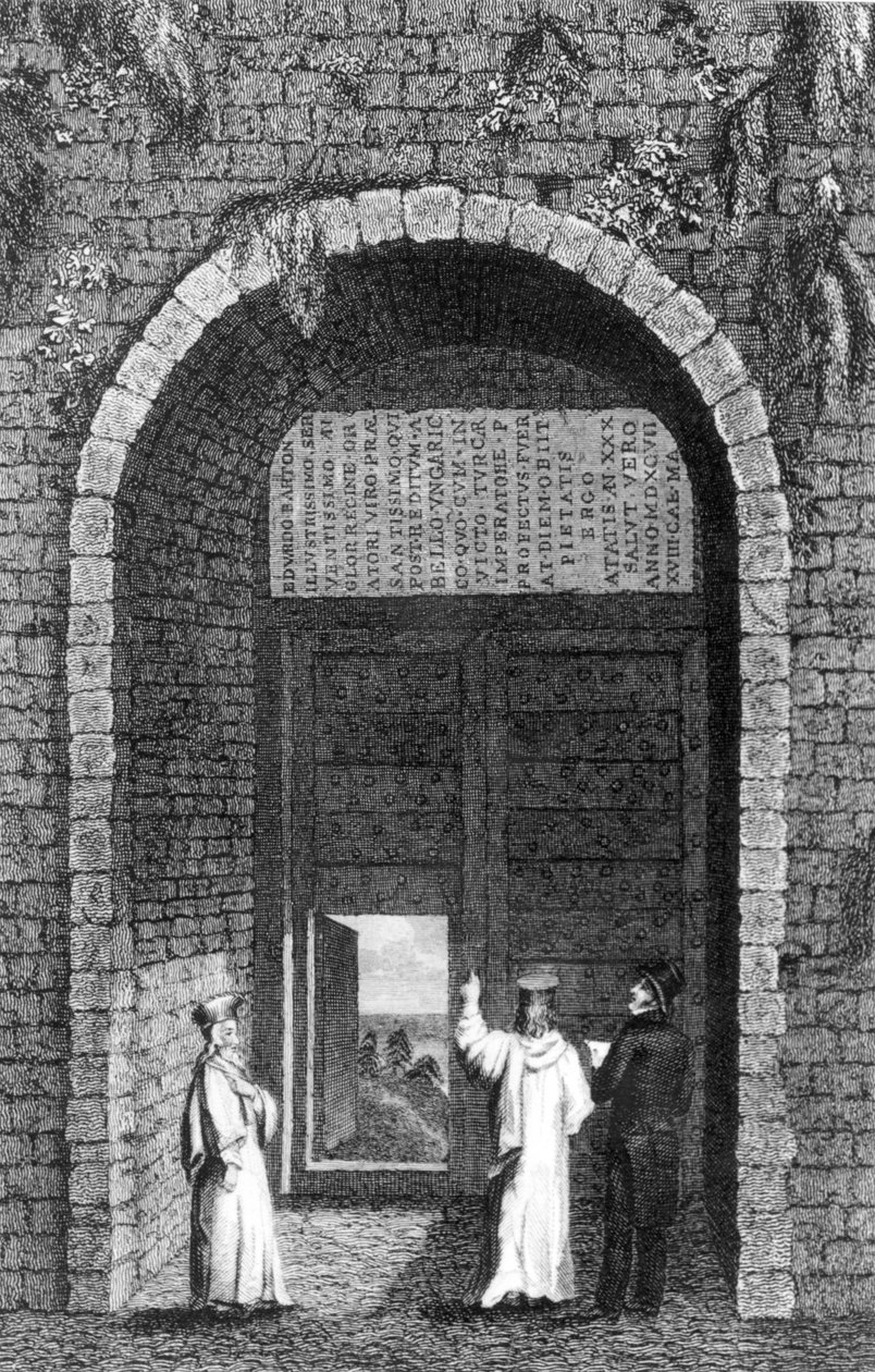 Náhrobek britského velvyslance Edwarda Bartona († 1597) nad bránou kláštera na Princových ostrovech z rezidence v Konstantinopoli od Roberta Walshe, 1836 od English School