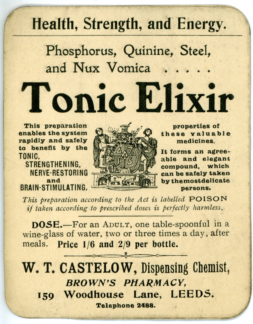 Štítek Tonic Elixir, raný (litho) od English School