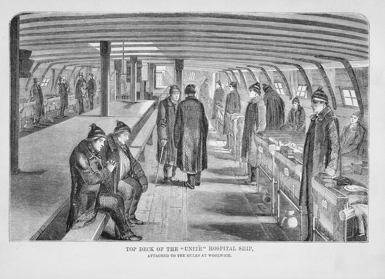 Horní paluba nemocniční lodi Unite připojená k Hulkům ve Woolwichi, z The Criminal Prisons of London a Scenes of Prison Life, Henry Mayhew (1812-87) a John Binny, 1862 od English School