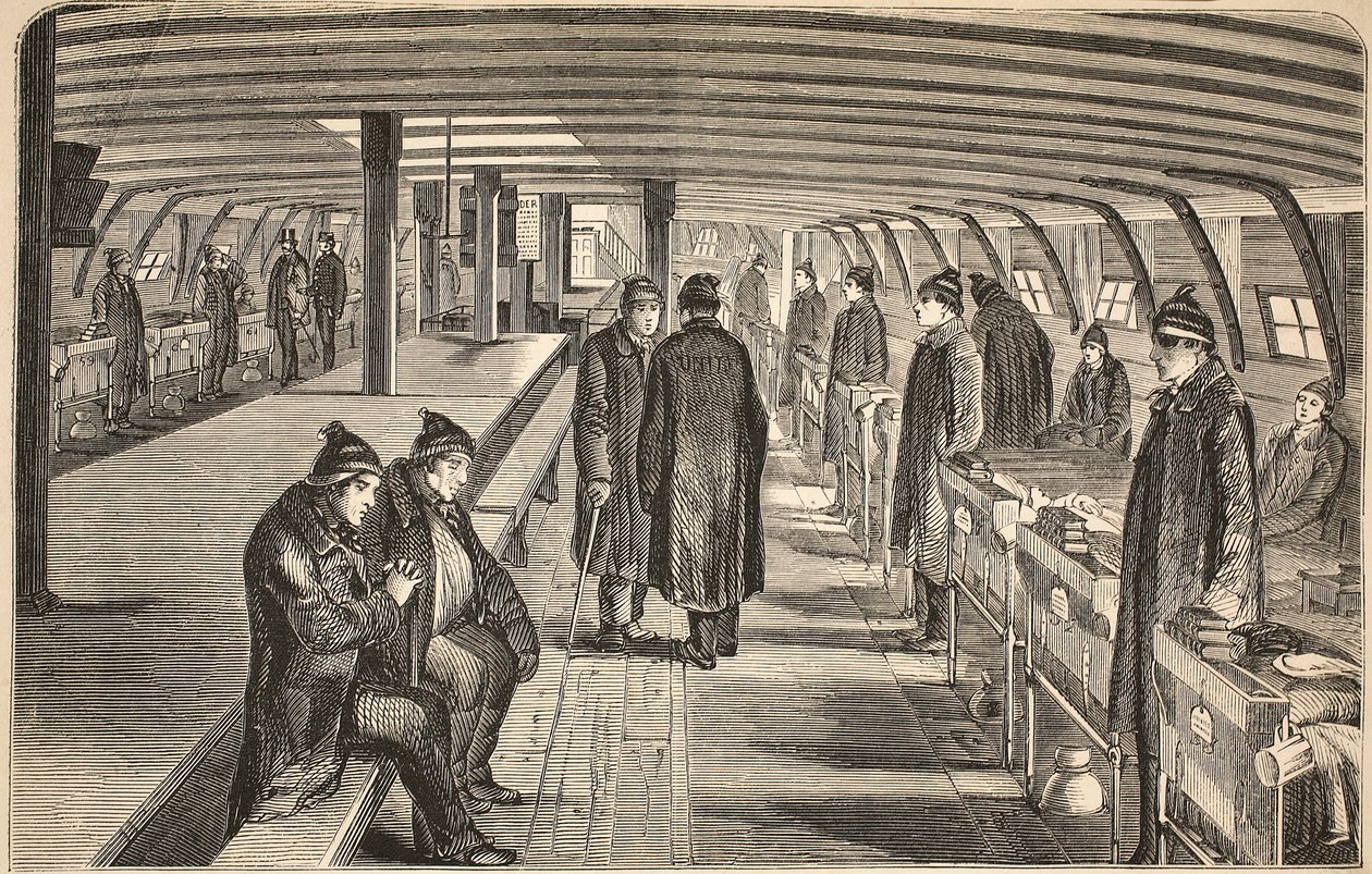 Horní paluba nemocniční lodi Unite, připojené ke korábům ve Woolwichi, ilustrace z knihy The Criminal Prisons of London and Scenes from Prison Life od Henryho Mayhewa a Johna Binnyho, pub. 1862 (rytina od English School