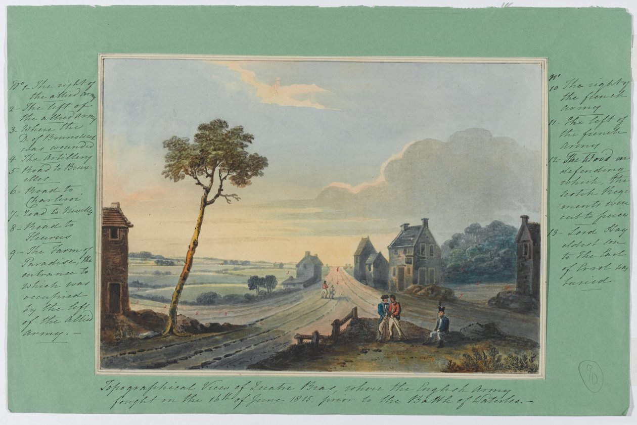 Topografický pohled na Quatre Bras, kde anglická armáda bojovala 16. června 1815 před bitvou u Waterloo, kolem roku 1815 (wc na papíře) od English School