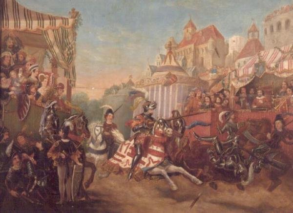 Turnaj v Calais v roce 1416, znázorňující Richarda, hraběte z Warwicku, sundání z koně Collarda Fynese (panel) od English School