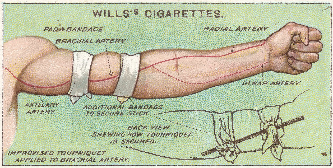 Turniket, č. 11 ze série karet Willss Cigarettes First Aid, 1913 od English School