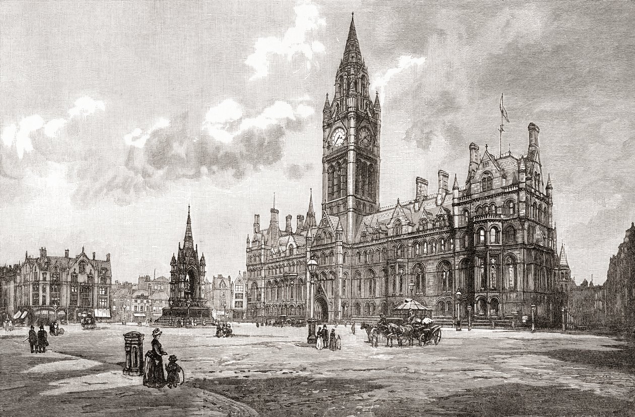 Radnice, Albert Square, Manchester, z knihy "Cities of the World", vydané kolem roku 1893 (tisk) od English School