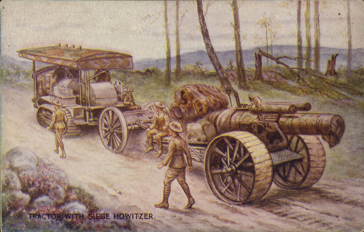 Traktor s obléhací houfnicí (barevná litografie) od English School