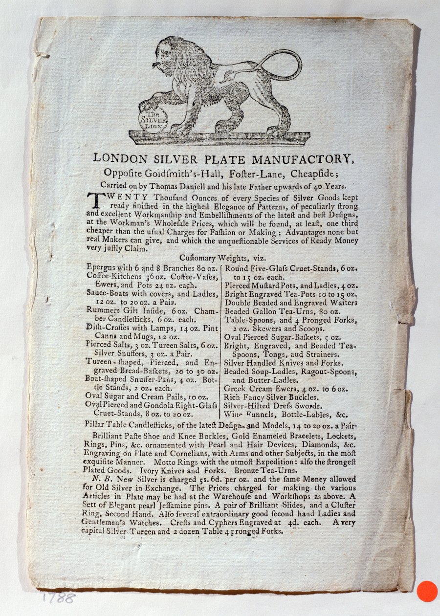 Obchodní karta pro London Silver Plate Manufactory, 1788 od English School