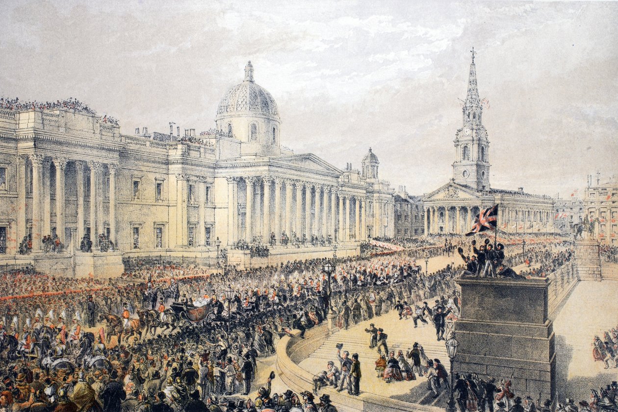 Trafalgar Square, z Památníku svatby Edwarda VII a Alexandry Dánské, hospoda. 1864 od English School