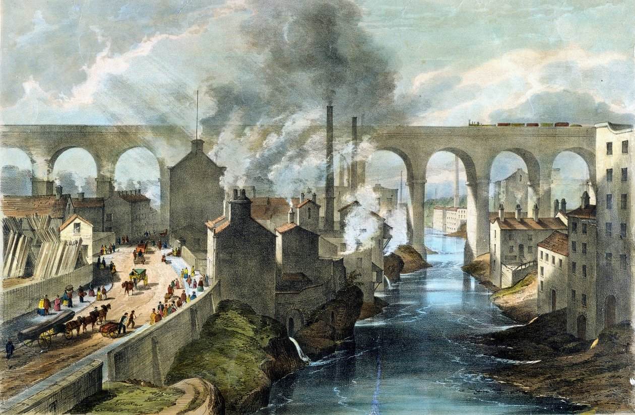 Vlak přejíždí Stockportský viadukt na londýnské a severozápadní železnici, asi 1845 (barevná litografie) od English School