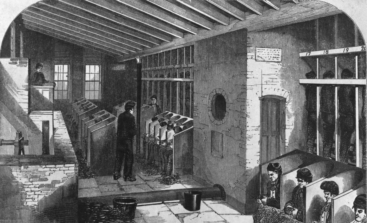 Tread-Wheel and Oakum-Shed at the City Prison, Holloway, z knihy "The Criminal Prisons of London and Scenes of Prison Life" od Henryho Mayhewa a Johna Binnyho, 1862 (rytina) od English School