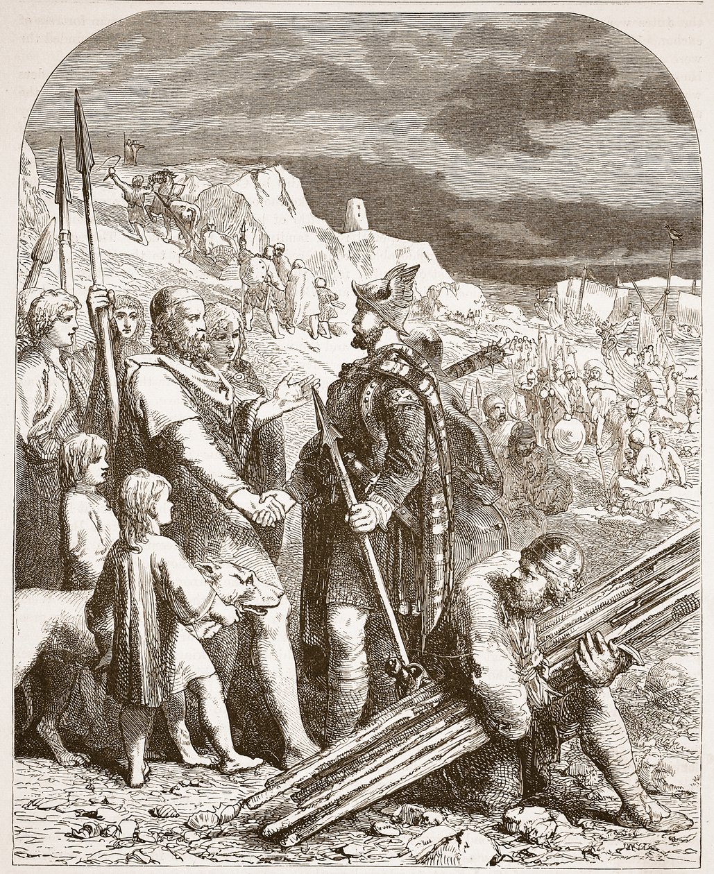 Smlouva Hengista a Horsa s Vortigenem, ilustrace z Cassells Illustrated History of England (sépiová fotografie) od English School
