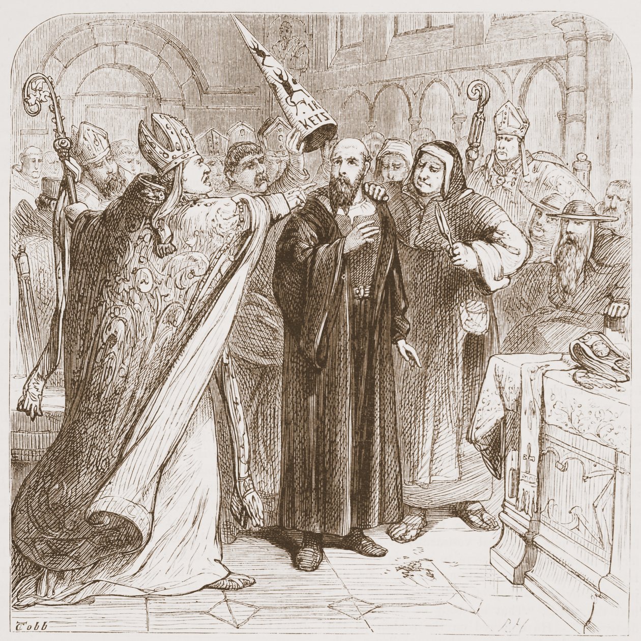 Process of Huss: Degrading the Martyr, ilustrace z Dějin protestantismu od Jamese Aitkena Wylie (1808-1890), nakl. 1878 od English School