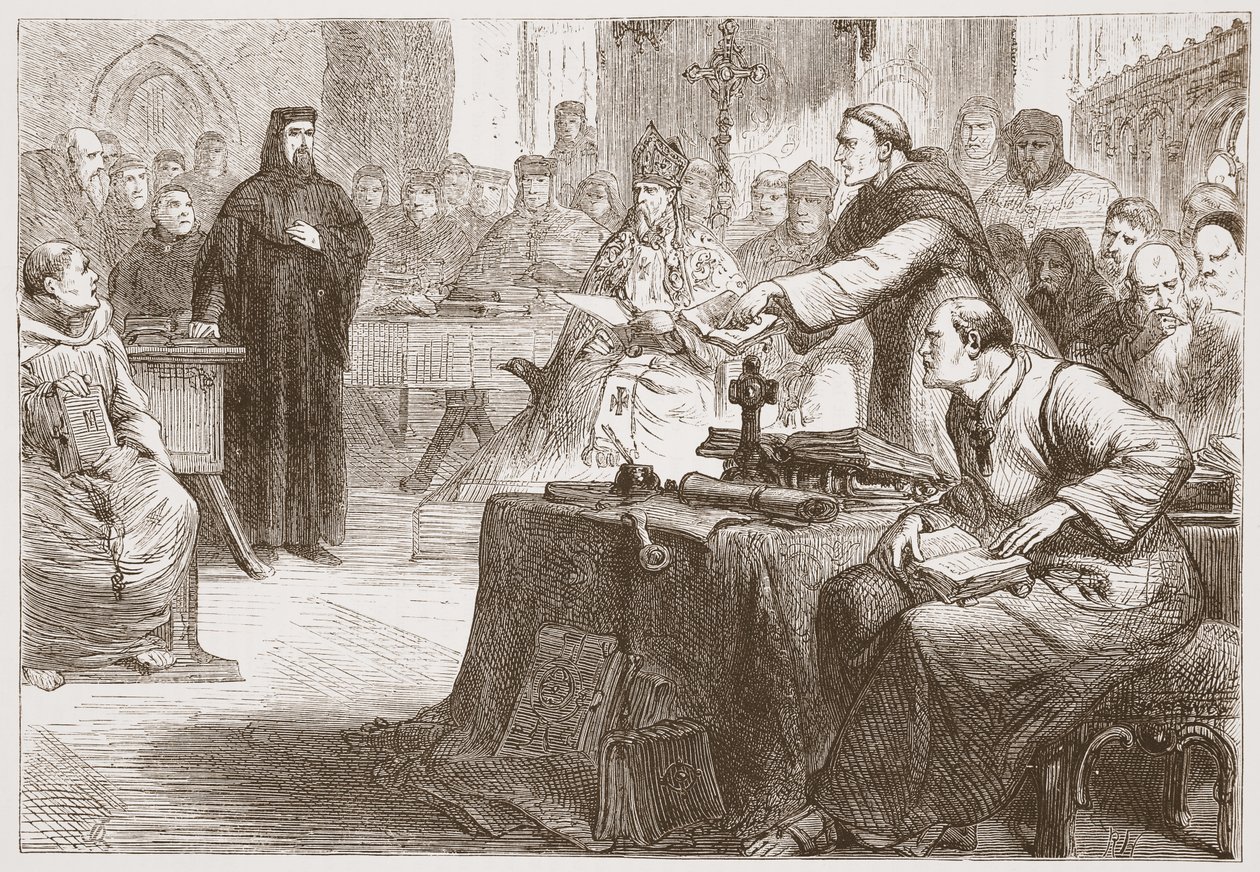 Proces s Wicliffem, ilustrace z Historie protestantismu od Jamese Aitkena Wylie (1808-1890), pub. 1878 od English School