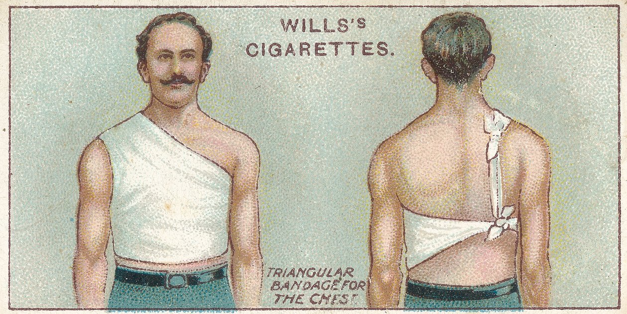 Trojúhelníkový obvaz na hrudník, č. 37 ze série karet Willss Cigarettes First Aid, 1913 od English School