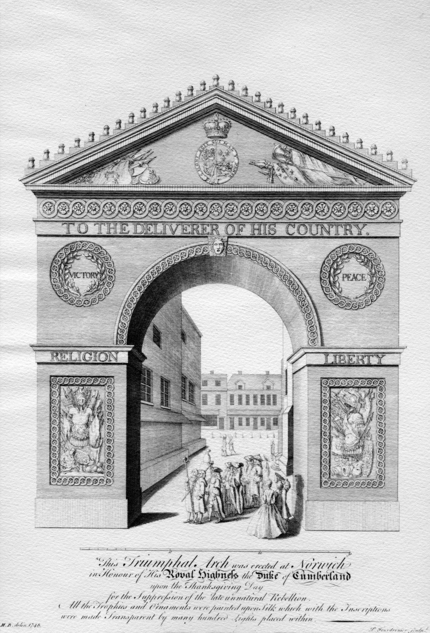 Triumfální oblouk postavený v Norwichi na počest vévody z Cumberlandu, vyrytý Paulem Fourdrinierem, 1746 od English School
