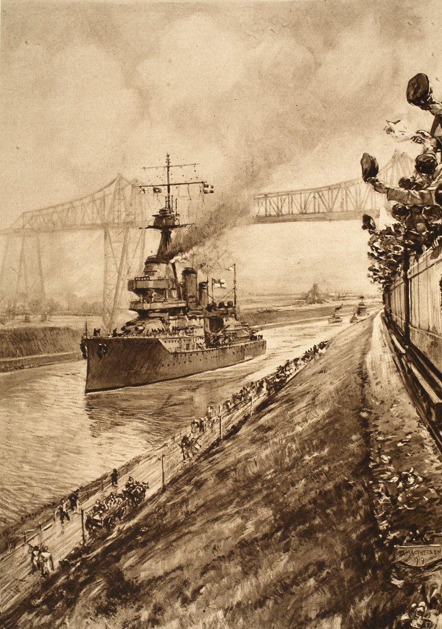Triumfální důkaz britské námořní převahy: H.M.S. Hercules proplouvá Kielským průplavem, 1914-19 od English School
