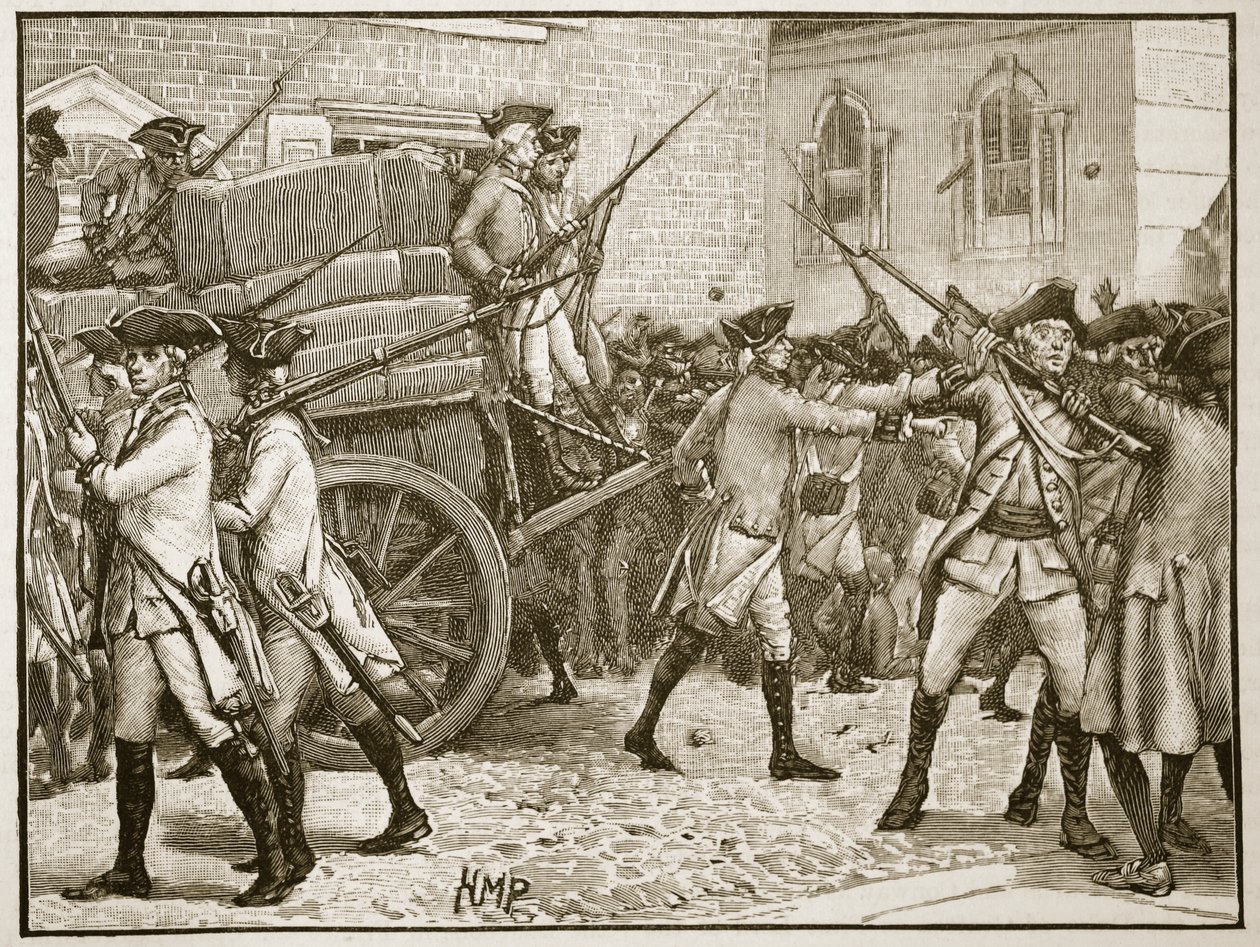 Vojáci doprovázející orazítkovaný papír na radnici, New York, 1766, ilustrace z Cassells Illustrated History of England (sépiová fotografie) od English School