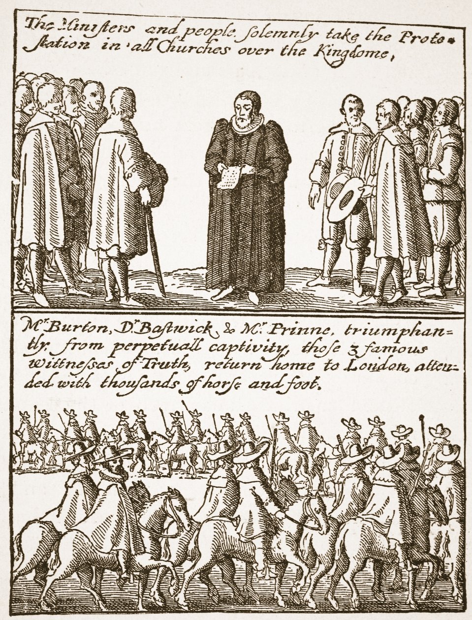 Pravdivé informace o počátku a příčině všech našich potíží: jak se vylíhly a jak jim zabránit, z puritánského pamfletu z roku 1648, ilustrace z anglikánské církve: Dějiny pro lidi od H.D. od English School