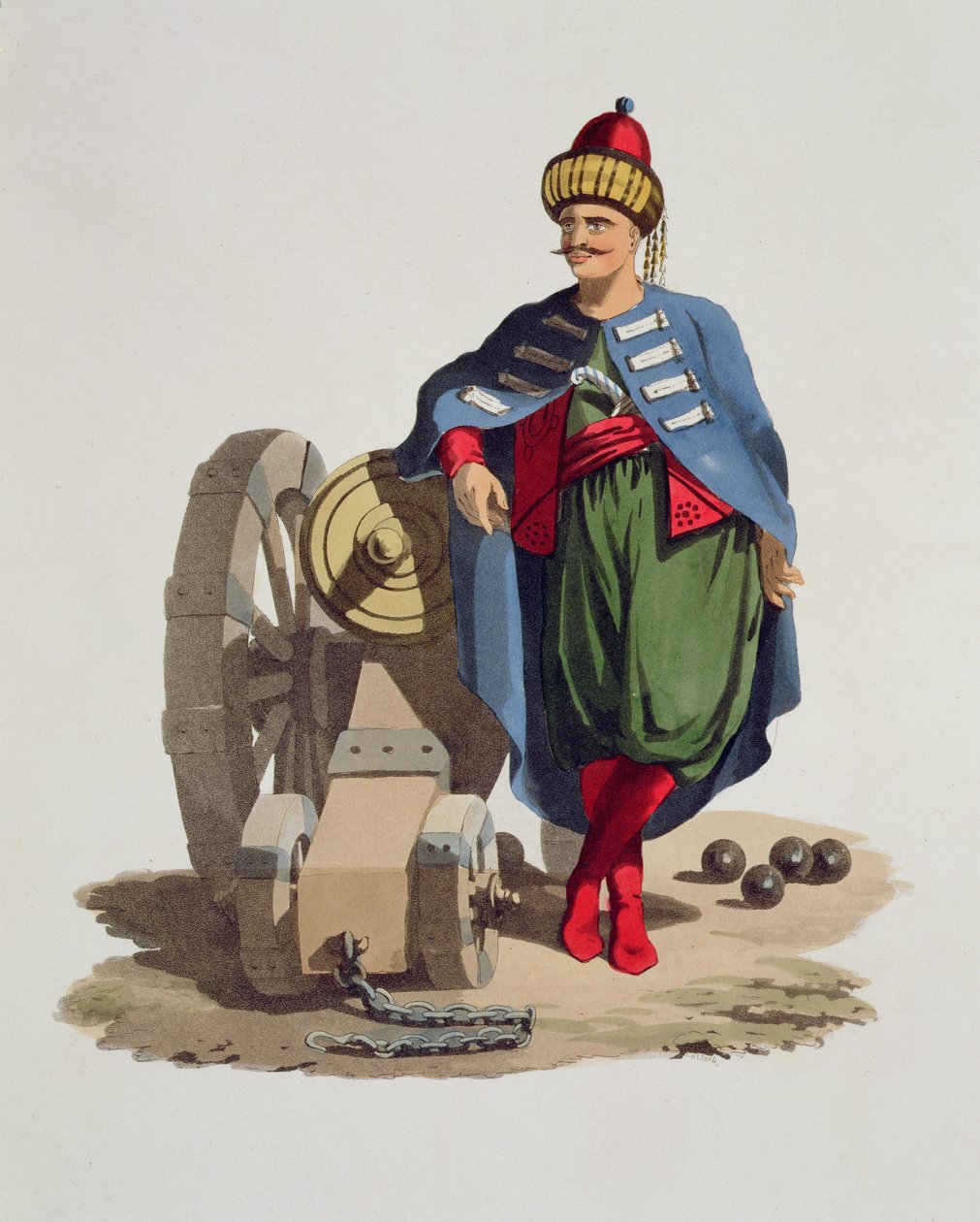 Turecký voják, z Kostýmy různých národů, svazek VII, Vojenský kostým Turecka, od Thomase MacLeana, vydáno kolem 1800-18 (ručně kolorovaná akvatinta) od English School