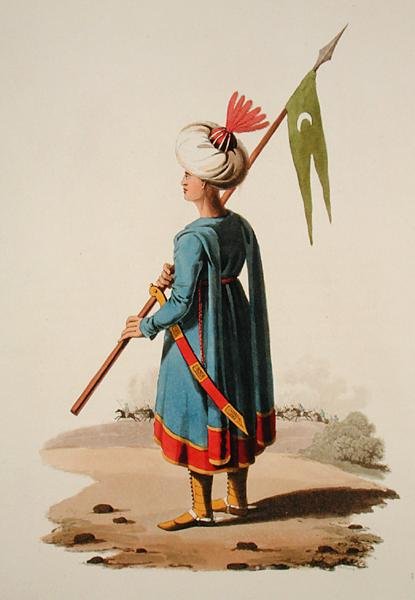 Turecký voják, z „Kostýmy různých národů“, svazek VII, „Vojenský kostým Turecka“, od Thomase MacLeana, vydáno kolem roku 1800-18 (ručně kolorovaná akvatinta) od English School