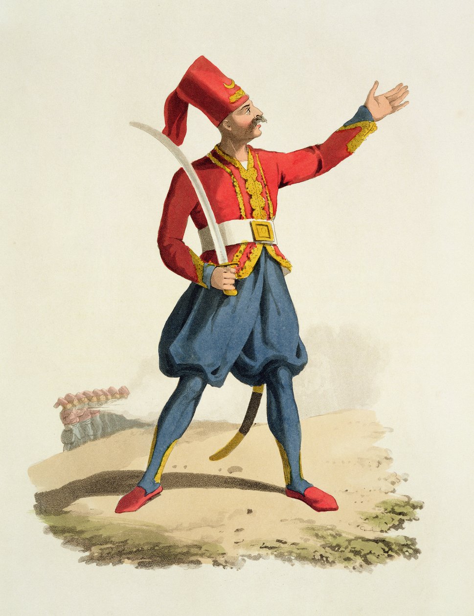 Turecký voják, z Kostýmy různých národů, svazek VII, Vojenský kostým Turecka, Thomas MacLean, vydáno kolem 1800-18 (ručně kolorovaná akvatinta) od English School