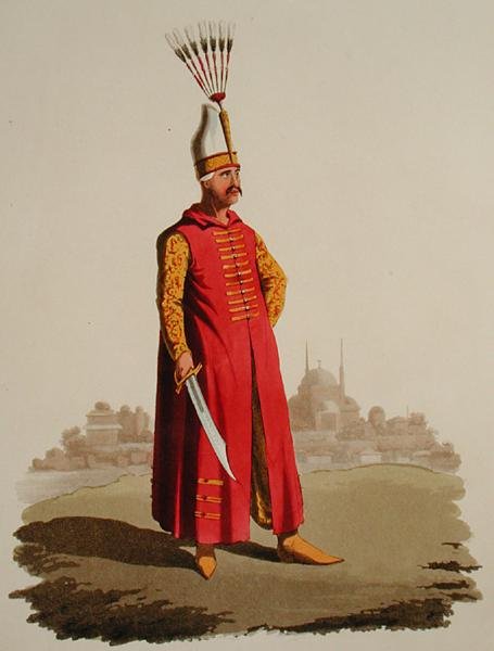 Turecký válečník, z „Kostýmy různých národů“, svazek VII, „Vojenský kostým Turecka“, od Thomase MacLeana, vydáno kolem roku 1800-18 (ručně kolorovaná akvatinta) od English School