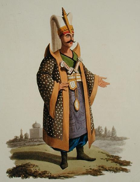 Turecký válečník, z „Kostýmy různých národů“, svazek VII, „Vojenský kostým Turecka“, od Thomase MacLeana, vydáno kolem roku 1800-18 (ručně kolorovaná akvatinta) od English School