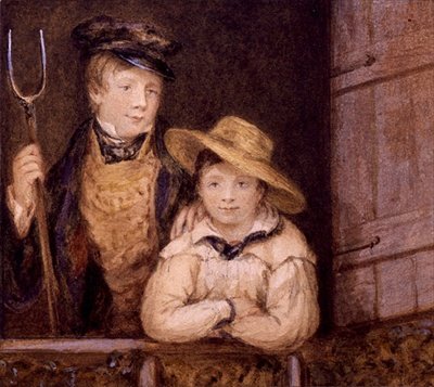 Dva chlapci u dveří stodoly, cca 1825 (akvarel na papíře) od English School
