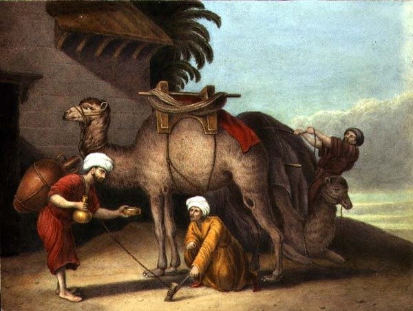 Dva velbloudi s průvodci, cca 1825 (akvarel na papíře) od English School