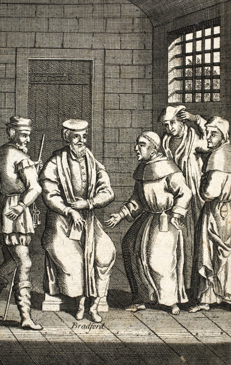 Dva španělští mniši hovořící s panem Bradfordem, ilustrace z knihy Foxovi mučedníci kolem roku 1703 99:Foxes Book of martyrs; John Fox; c17th; Foxs; od English School