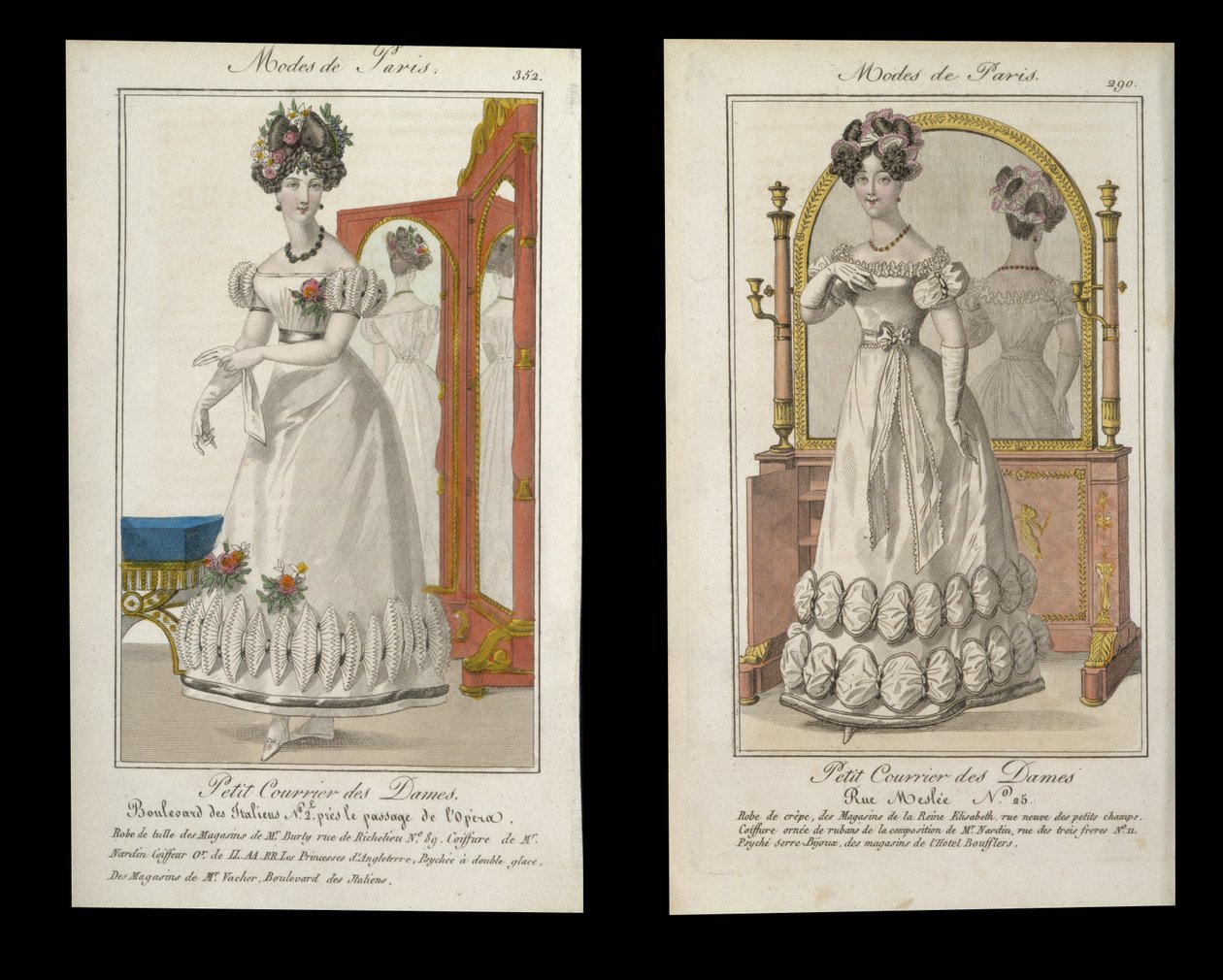 Dvě módní desky dam ve večerních šatech, reklamy z Modes de Paris, c.1825 od English School
