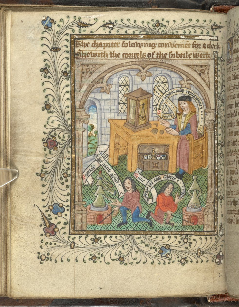 Dva muži, kteří pečují o pece, a učenec v rouchu, možná Norton, s alembiky, z „Ordinálu alchymie“ od Thomase Nortona (vellum) od English School