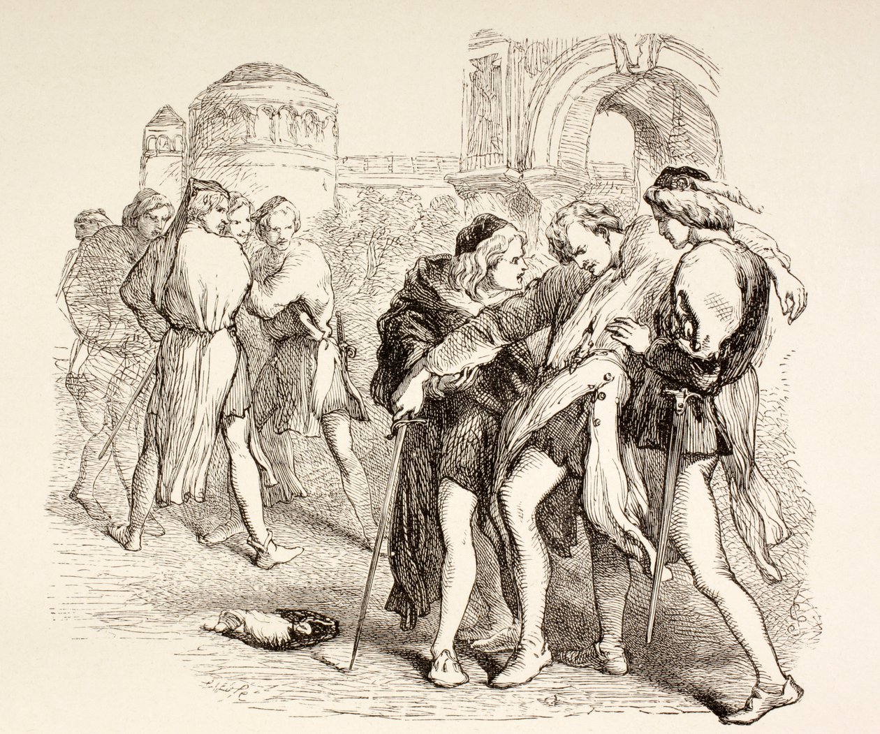 Tybalt je smrtelně zraněn Romeem, ilustrace z Romea a Julie, z „The Illustrated Library Shakespeare“, vydané v Londýně 1890 od English School