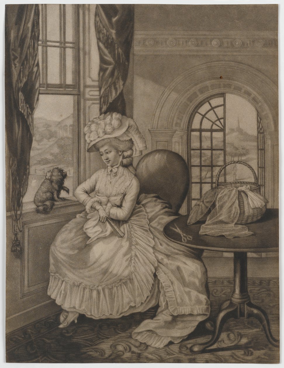 Bez názvu (žena sedící u okna a pozorující malého psa), kolem 1780 (mezzotinta) od English School