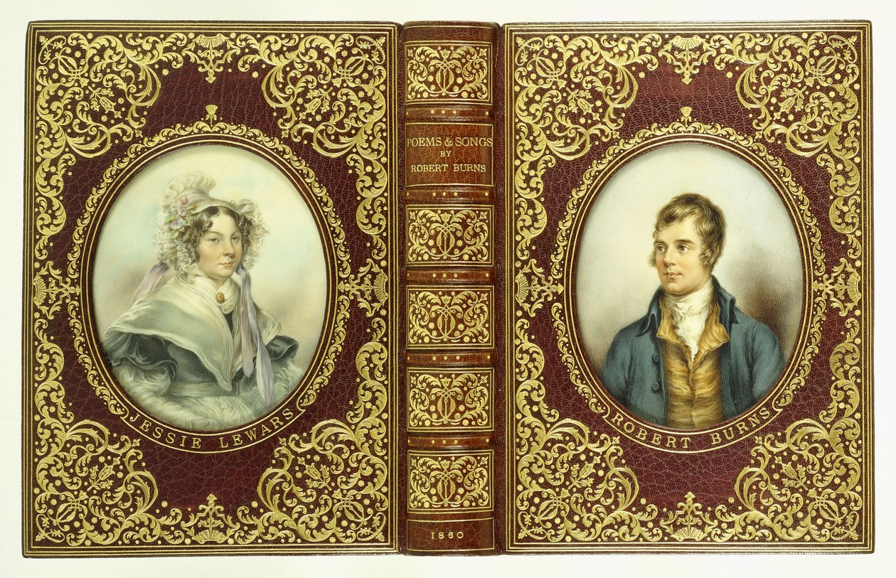 Horní a spodní obálky a hřbet s oválnými portréty Roberta Burnse a Jessie Lewarsové od English School