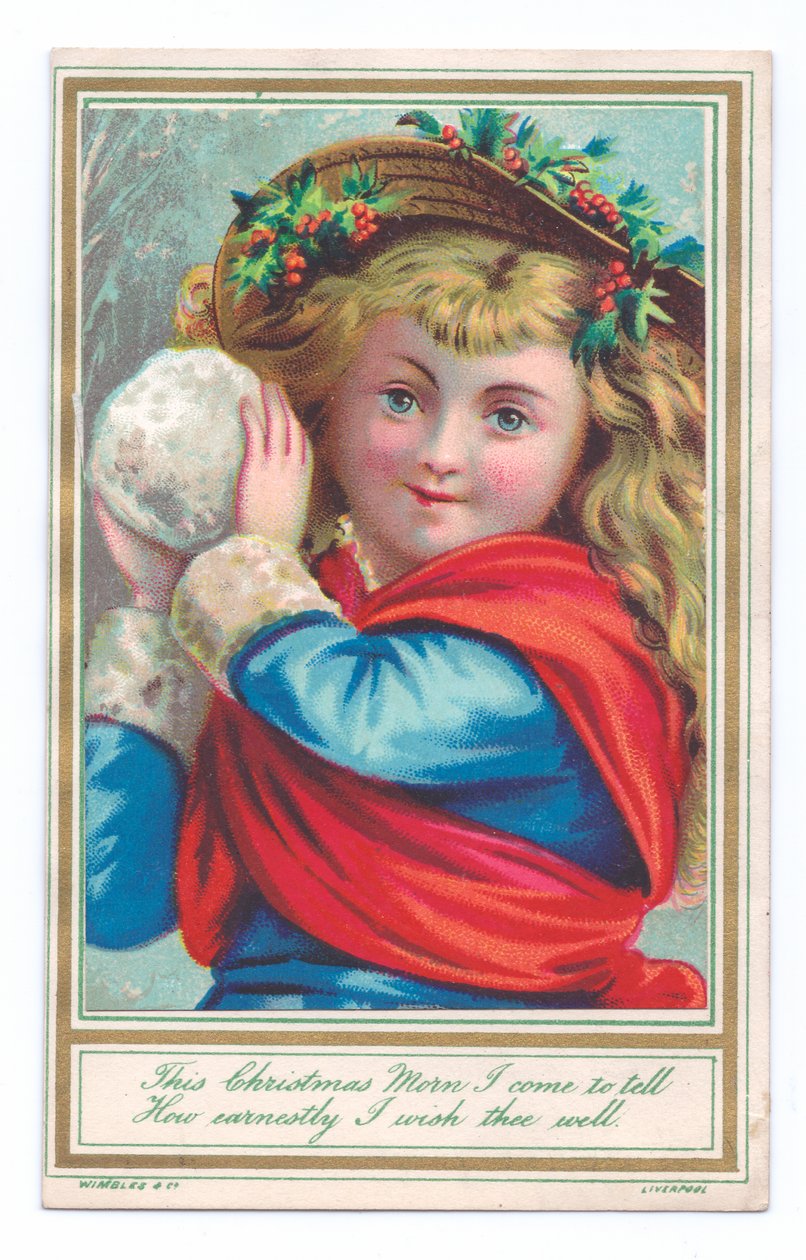 Viktoriánské vánoční přání dítěte v klobouku s cesmínami držící sněhovou kouli, cca 1880 (barva litho) od English School