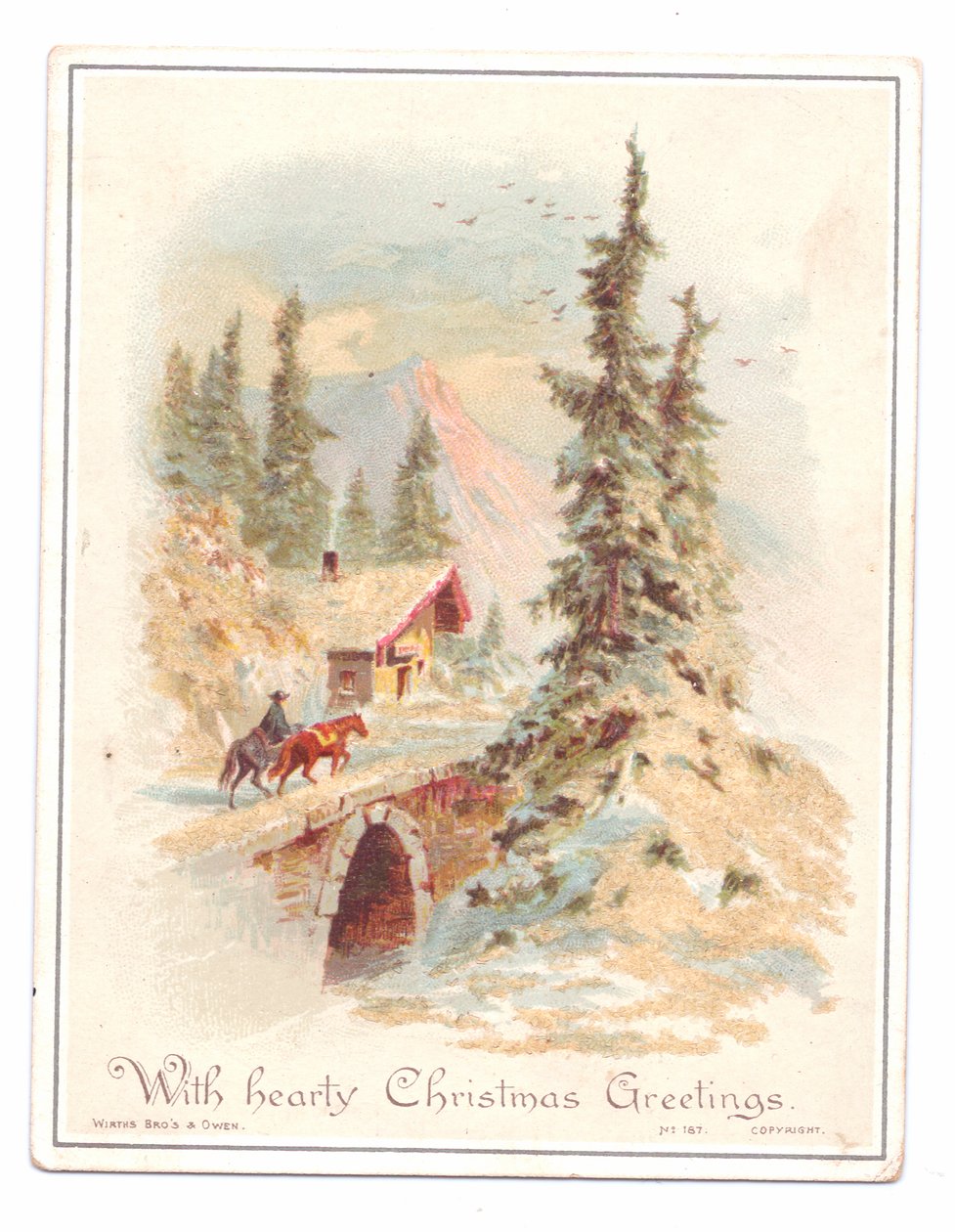 Viktoriánské vánoční přání muže a dvou koní přecházejících přes most, kolem roku 1880 (barva litho) od English School