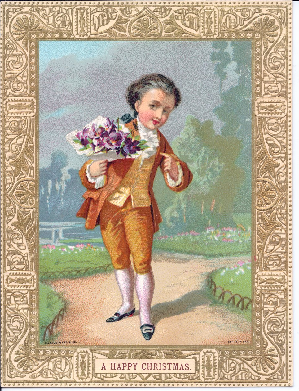 Viktoriánské vánoční přání mladého chlapce oblečeného ve viktoriánském oblečení držícího kytici květin, kolem roku 1880 (barva litho) od English School
