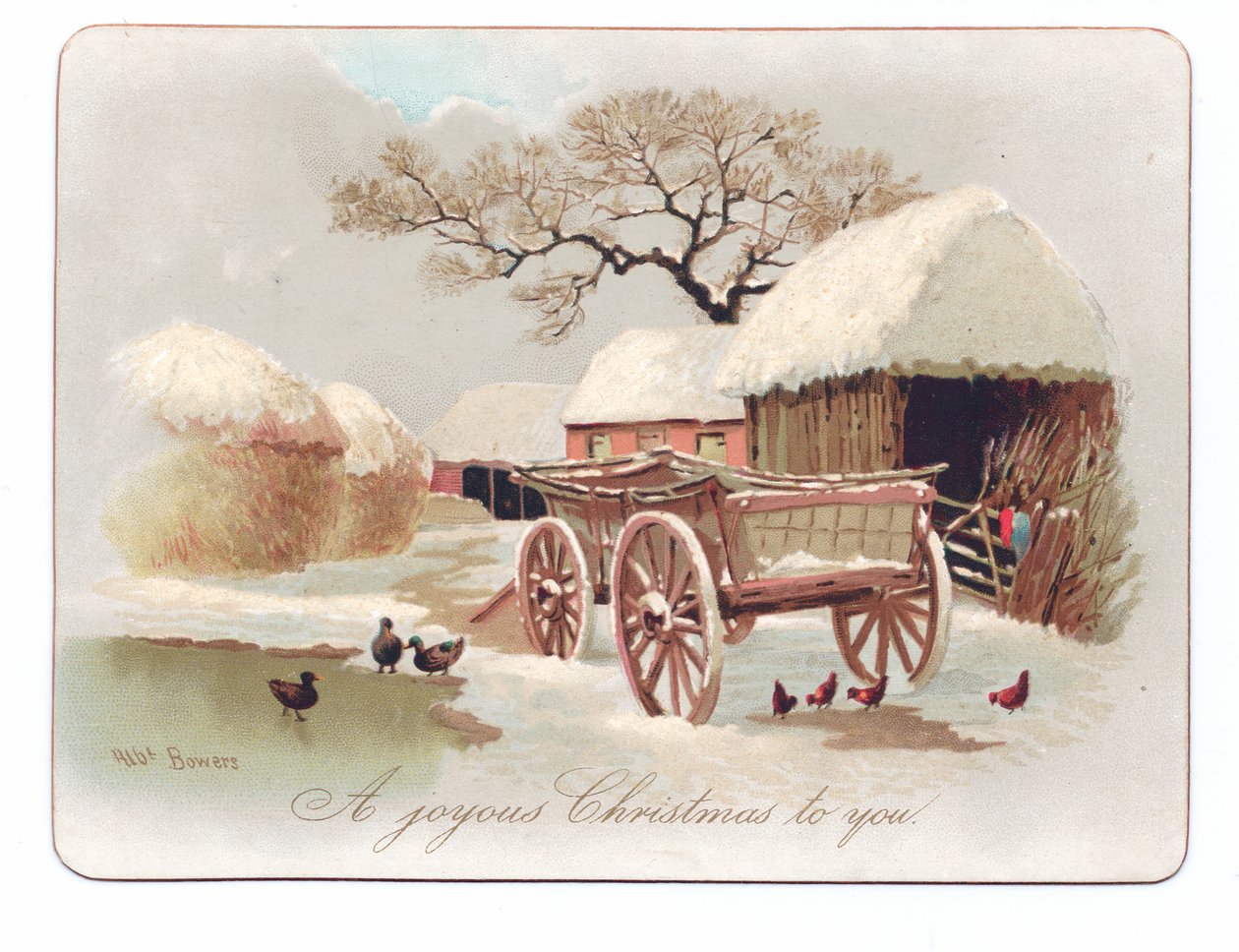 Viktoriánské vánoční přání kachen a kuřat u rybníka na farmě, kolem roku 1880 (barva litho) od English School