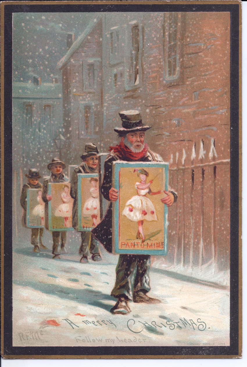 Viktoriánské vánoční přání čtyř mužů kráčejících ve sněhu nesoucích tabule s reklamou na pantomimu, kolem roku 1880 (barevné lito) od English School