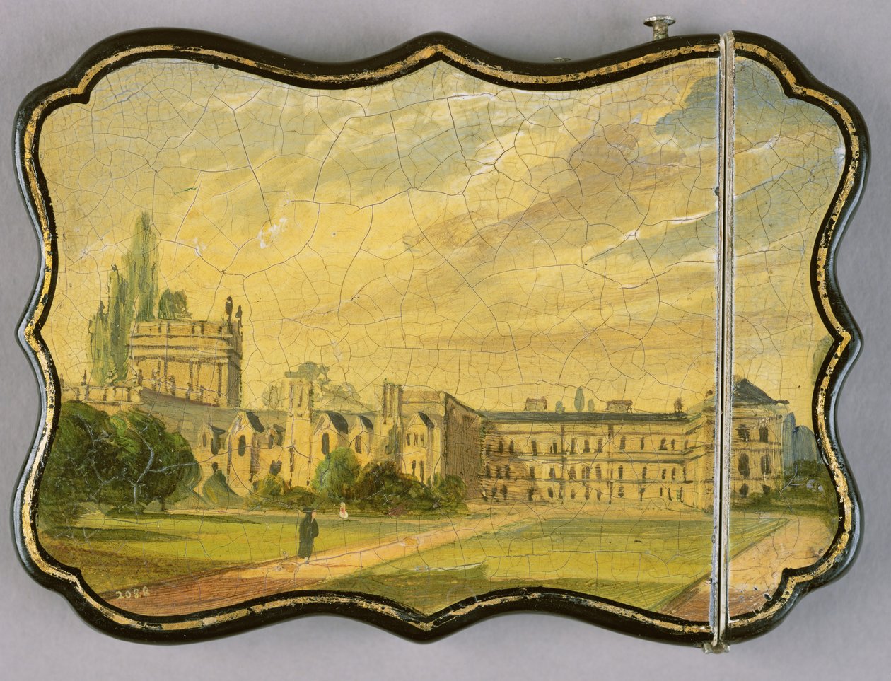 Viktoriánské pouzdro na karty se scénou Trinity College Gardens v Oxfordu (papier mache) od English School