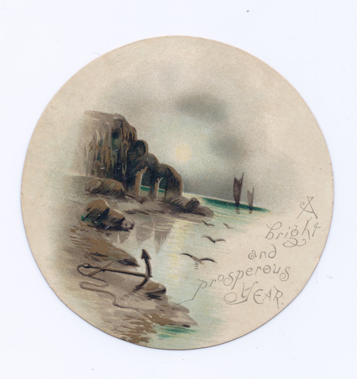 Viktoriánské kruhové novoroční přání přímořské krajiny se dvěma jachtami za měsíční noci, kolem roku 1880 (barva litho) od English School