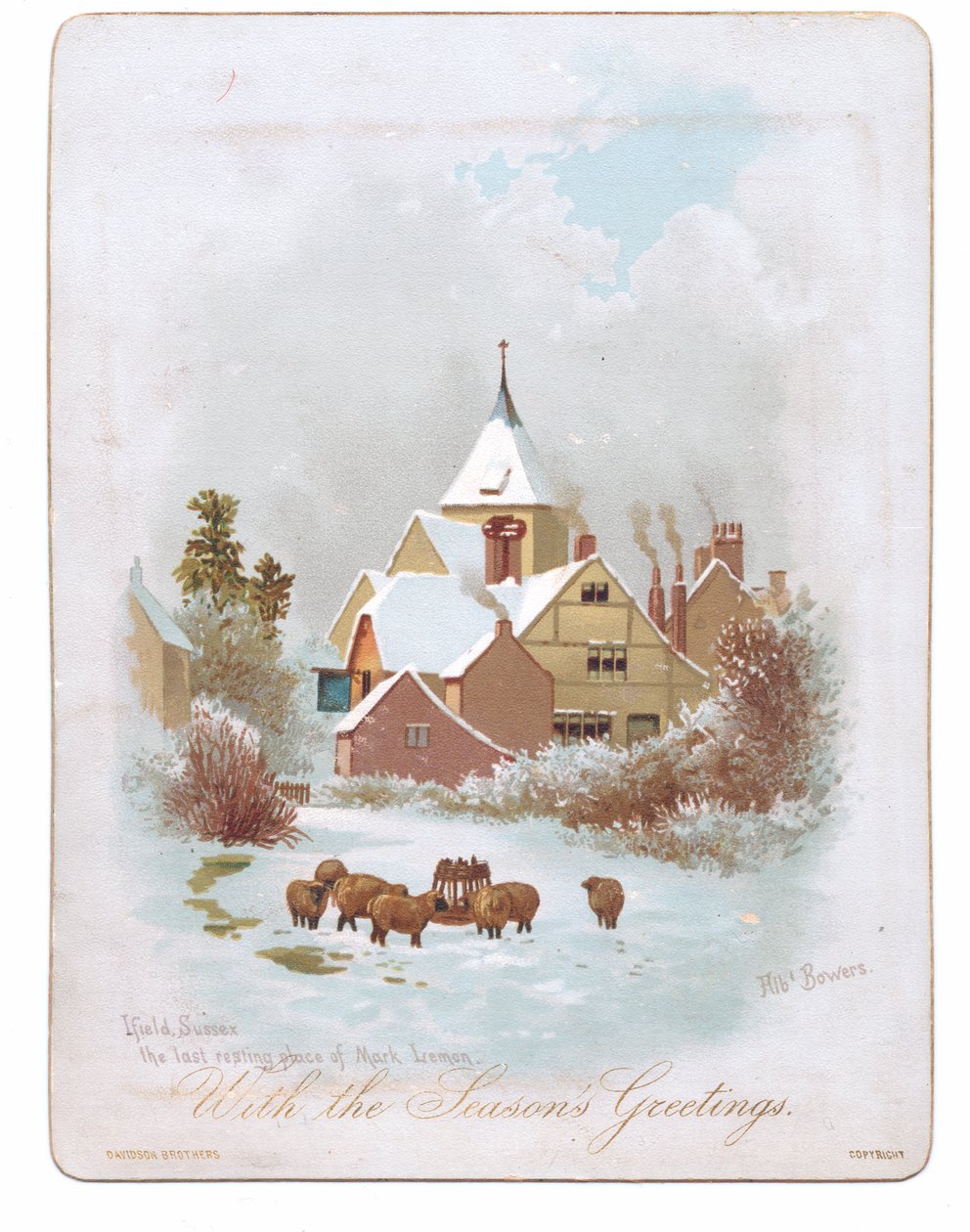 Viktoriánské přání ovcí putujících poblíž kostela ve sněhu, cca 1880 (barva litho) od English School
