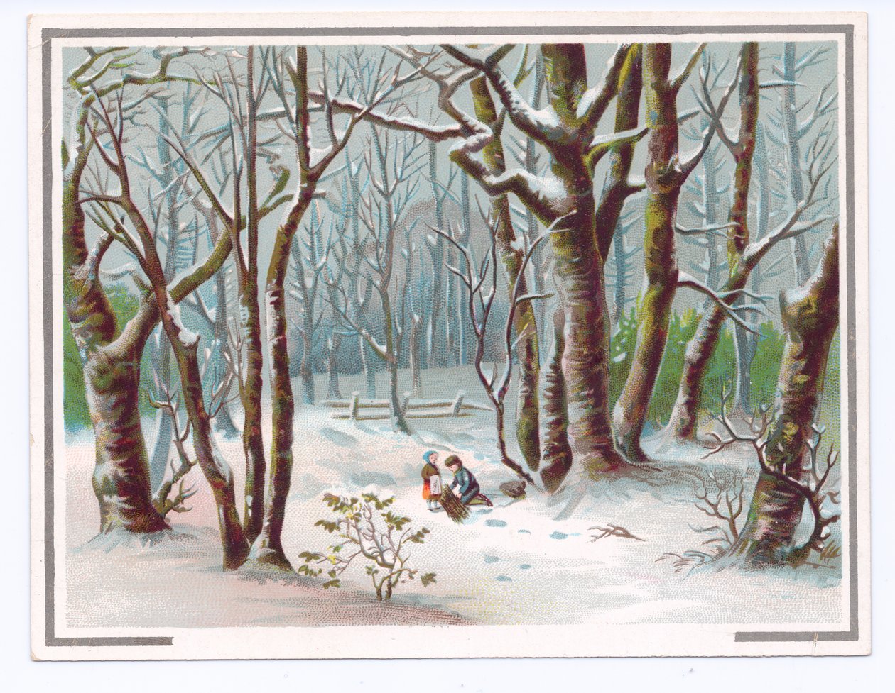 Viktoriánské přání dvou dětí sbírajících větve ve sněhu, cca 1880 (barva litho) od English School