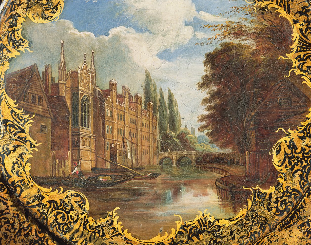Viktoriánský talíř zdobený scénou St. Johns College, Cambridge, Třetí dvůr a jeho most (papiermache) od English School