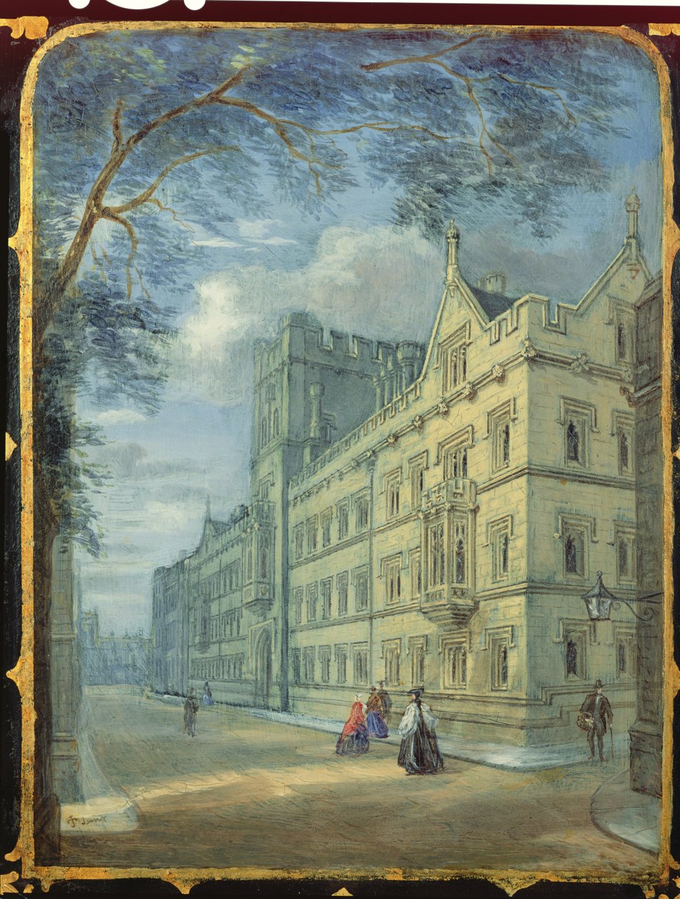 Viktoriánský panel šicí skříně zdobený scénou Exeter College, Oxford (papiermache) od English School