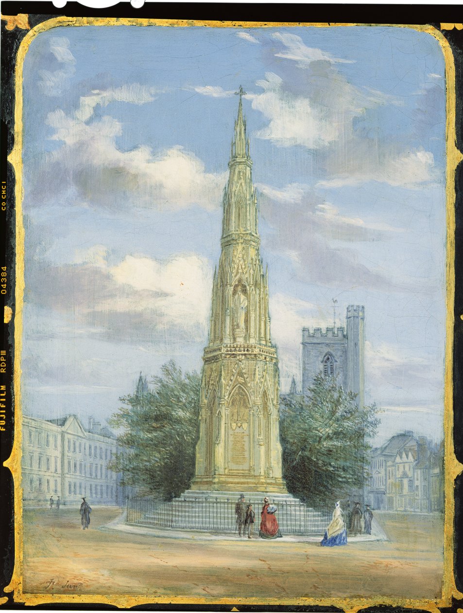 Viktoriánský panel šicí skříně zdobený výjevem Památníku mučedníků, Oxford (papiermache) od English School