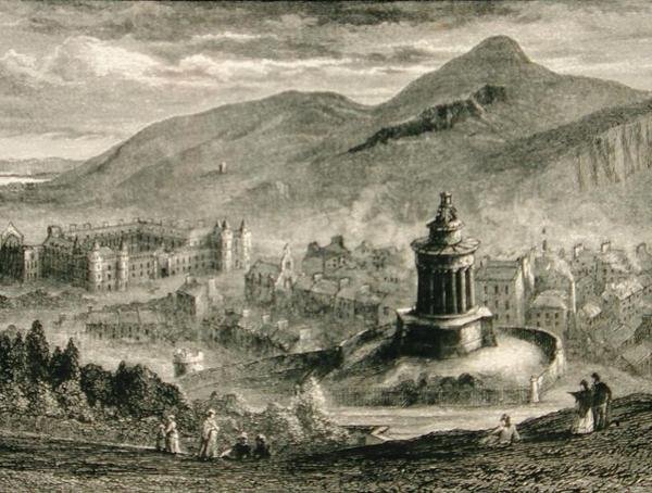 Pohled z památníku Burns, Calton Hill, Edinburgh v roce 1880, z „Scottish Pictures“ vydané společností Religious Tract Society od English School