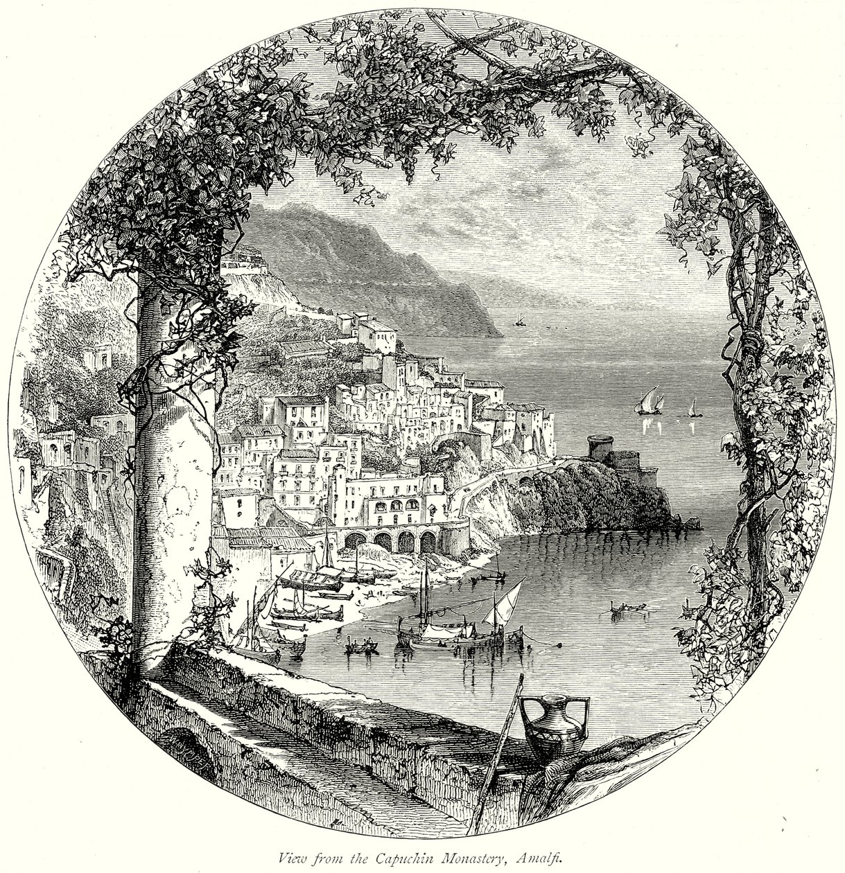Pohled z kapucínského kláštera, Amalfi (rytina) od English School