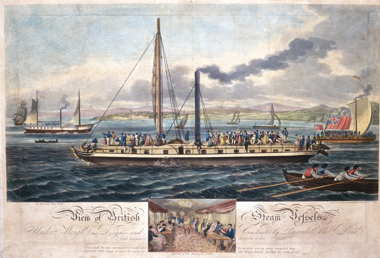 Pohled na britské parní nádoby, vydal R. Ackermann, 1820-51 (barevná akvatinta) od English School